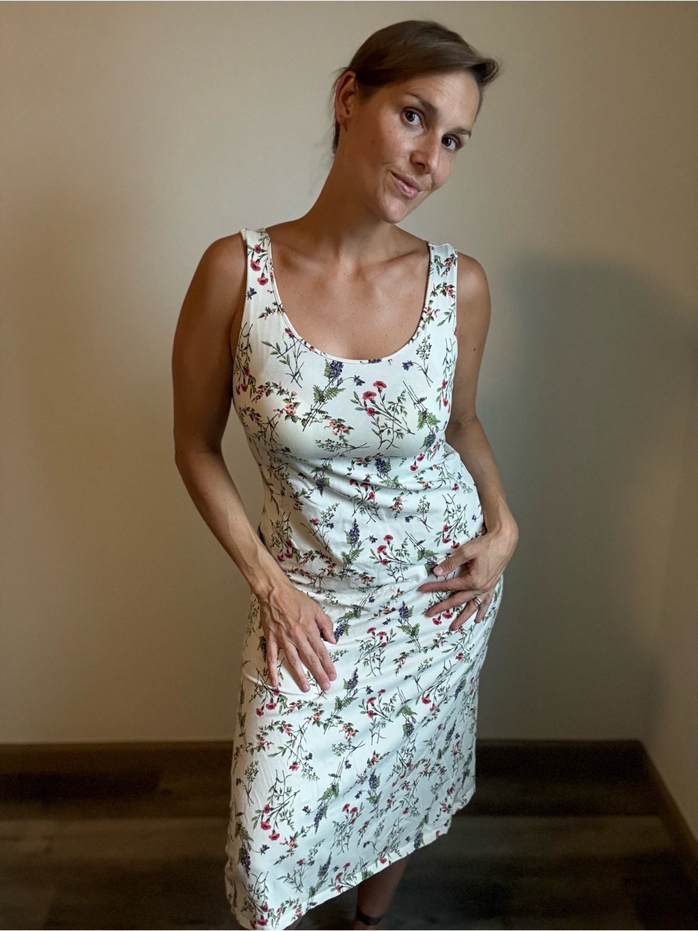 UNIQLO Floral Midi Dress Cream Medium Feminine Built In Bra